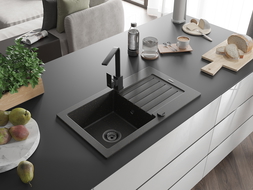 Mexen Pablo granitový dřez s 1 komorou a odkapávačem a kuchyňskou baterií Rita, černý/zlatý metalík- 6510-75-670300-70-B