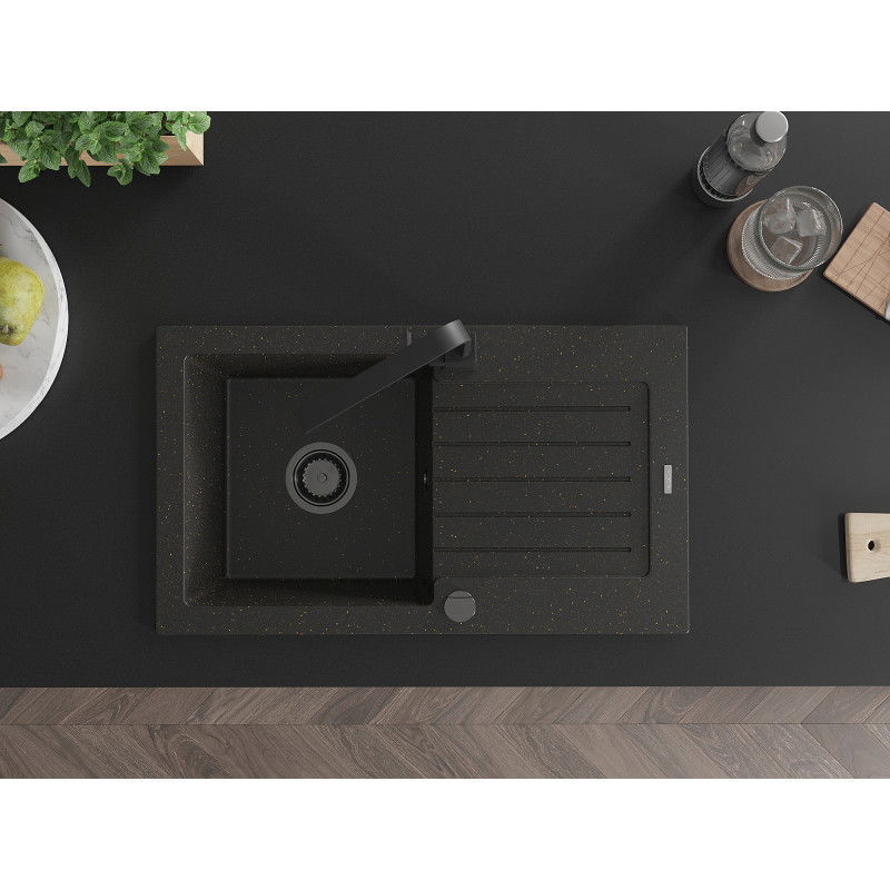 Mexen Pablo granitový dřez s 1 komorou a odkapávačem a kuchyňskou baterií Rita, černý/zlatý metalík- 6510-75-670300-70-B