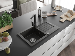 Mexen Pablo granitový dřez 1-komorový s odkapávačem a kuchyňskou baterií Rita, černý/zlatý metalík- 6510-75-670300-70