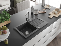 Mexen Pablo žulový dřez s 1 komorou s odkapávačem a kuchyňskou baterií Rita, černý skvrnitý- 6510-76-670300-00