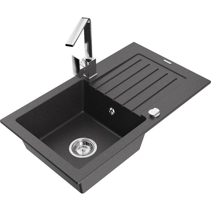 Mexen Pablo žulový dřez s 1 komorou s odkapávačem a kuchyňskou baterií Rita, černý skvrnitý- 6510-76-670300-00
