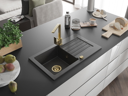 Mexen Pablo granitový dřez s jednou komorou a odkapávačem a kuchyňskou baterií Rita, černý tečkovaný- 6510-76-670300-50