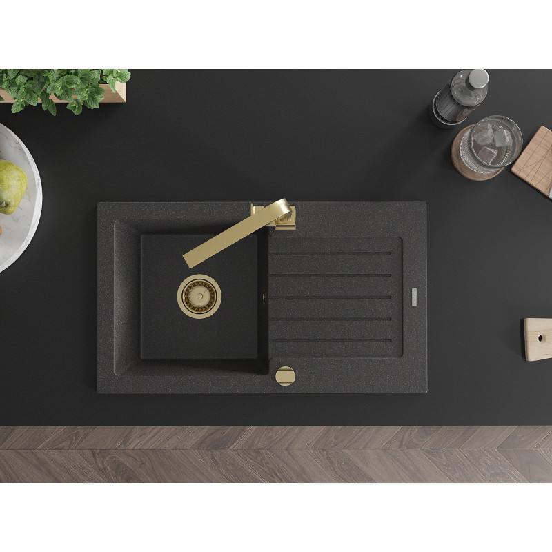 Mexen Pablo granitový dřez 1-komorový s odkapávačem a kuchyňskou baterií Rita, černý skvrnitý - 6510-76-670300-50