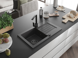 Mexen Pablo granitový dřez jednodřez s odkapávačem a kuchyňskou baterií Rita, černý s bílými tečkami - 6510-76-670300-70-B