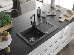 Mexen Pablo granitový dřez 1-komorový s odkapávačem a kuchyňskou baterií Rita, černý žíhaný - 6510-76-670300-76