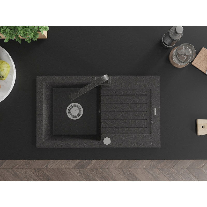Mexen Pablo granitový dřez 1-komorový s odkapávačem a kuchyňskou baterií Rita, černý žíhaný - 6510-76-670300-76