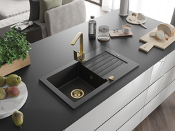 Mexen Pablo granitový dřez 1-komorový s odkapávačem a kuchyňskou baterií Rita, černý - 6510-77-670300-50