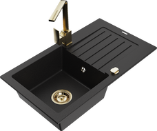 Mexen Pablo granitový dřez 1-komorový s odkapávačem a kuchyňskou baterií Rita, černý - 6510-77-670300-50