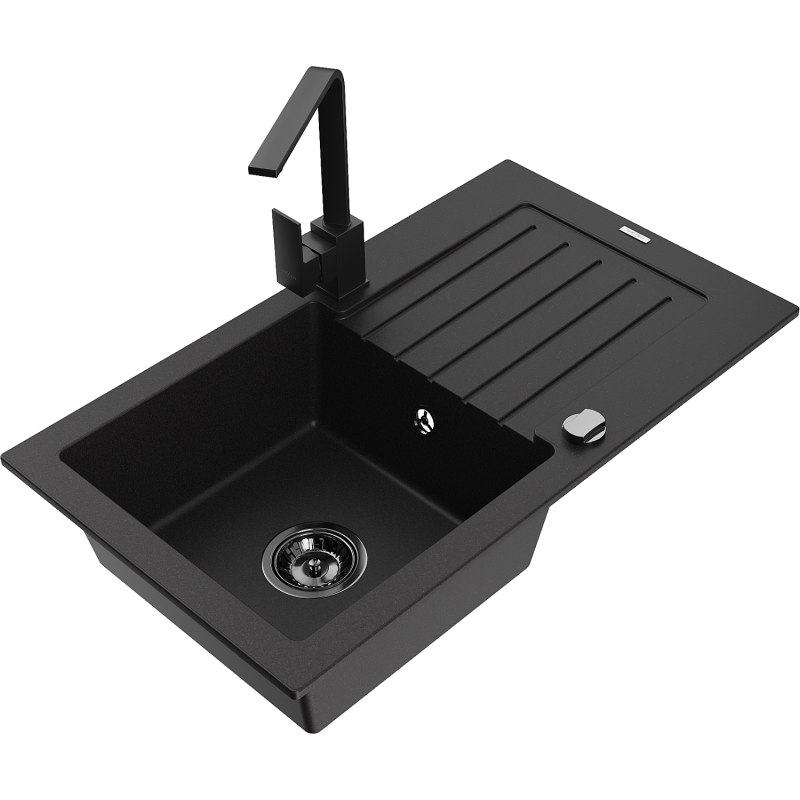 Mexen Pablo granitový dřez 1-komorový s odkapávačem a kuchyňskou baterií Rita, černý - 6510-77-670300-70-B