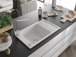 Mexen Elias žulový dřez 1-komorový s odkapávačem a kuchyňskou baterií Rita, bílý - 6511-20-670300-00