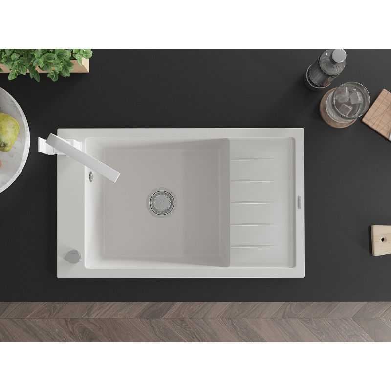 Mexen Elias granitový dřez 1-komorový s odkapávačem a kuchyňskou baterií Rita, bílý - 6511-20-670300-20