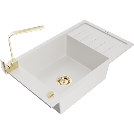 Mexen Elias granitový dřez s jednou komorou s odkapávačem a kuchyňskou baterií Rita, bílý - 6511-20-670300-50