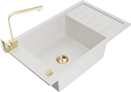 Mexen Elias granitový dřez s jednou komorou s odkapávačem a kuchyňskou baterií Rita, bílý - 6511-20-670300-50