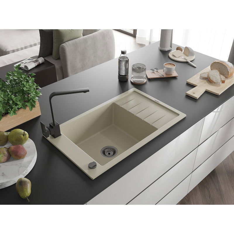 Mexen Elias granitový dřez 1-komorový s odkapávačem a kuchyňskou baterií Rita, béžový - 6511-69-670300-70