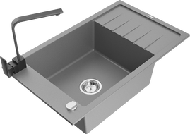 Mexen Elias žulový dřez s 1 komorou a odkapávačem a kuchyňskou baterií Rita, šedá - 6511-71-670300-70