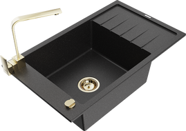 Mexen Elias granitový dřez 1-komorový s odkapávačem a kuchyňskou baterií Rita, černý/stříbrný metalík - 6511-73-670300-50