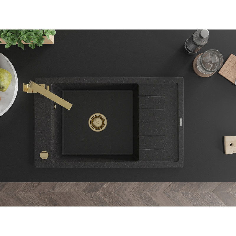 Mexen Elias granitový dřez 1-komorový s odkapávačem a kuchyňskou baterií Rita, černý/stříbrný metalík - 6511-73-670300-50