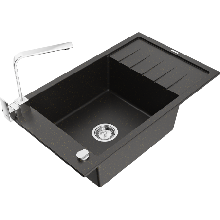 Mexen Elias granitový dřez 1-komorový s odkapávačem a kuchyňskou baterií Rita, černý/zlatý metalik - 6511-75-670300-00