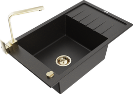 Mexen Elias granitový dřez 1-komorový s odkapávačem a kuchyňskou baterií Rita, černý/zlatý metalický - 6511-75-670300-50