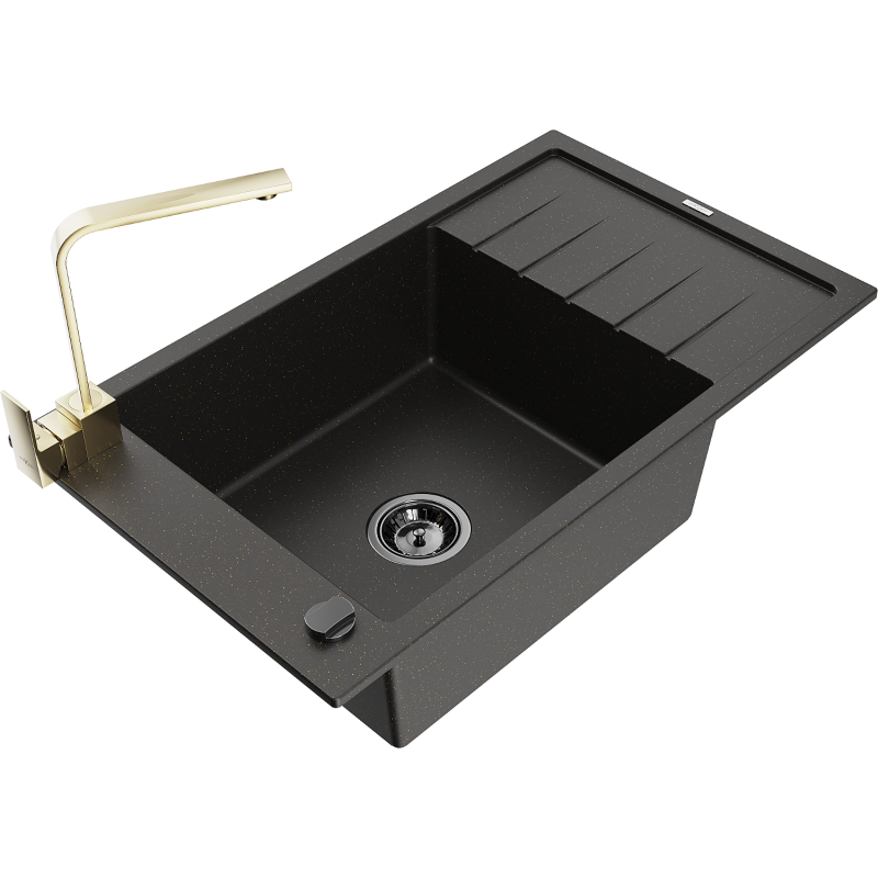 Mexen Elias granitový dřez 1-komorový s odkapávačem a kuchyňskou baterií Rita, černý/zlatý metalický - 6511-75-670300-50-B