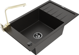 Mexen Elias granitový dřez 1-komorový s odkapávačem a kuchyňskou baterií Rita, černý/zlatý metalický - 6511-75-670300-50-B