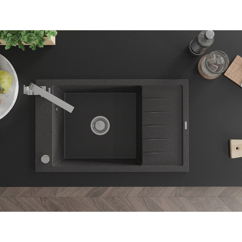 Mexen Elias granitový jednodřez s odkapávačem a kuchyňskou baterií Rita, černý skvrnitý - 6511-76-670300-00