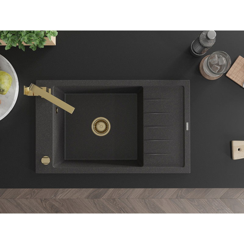 Mexen Elias granitový dřez 1-komorový s odkapávačem a kuchyňskou baterií Rita, černý skvrnitý - 6511-76-670300-50