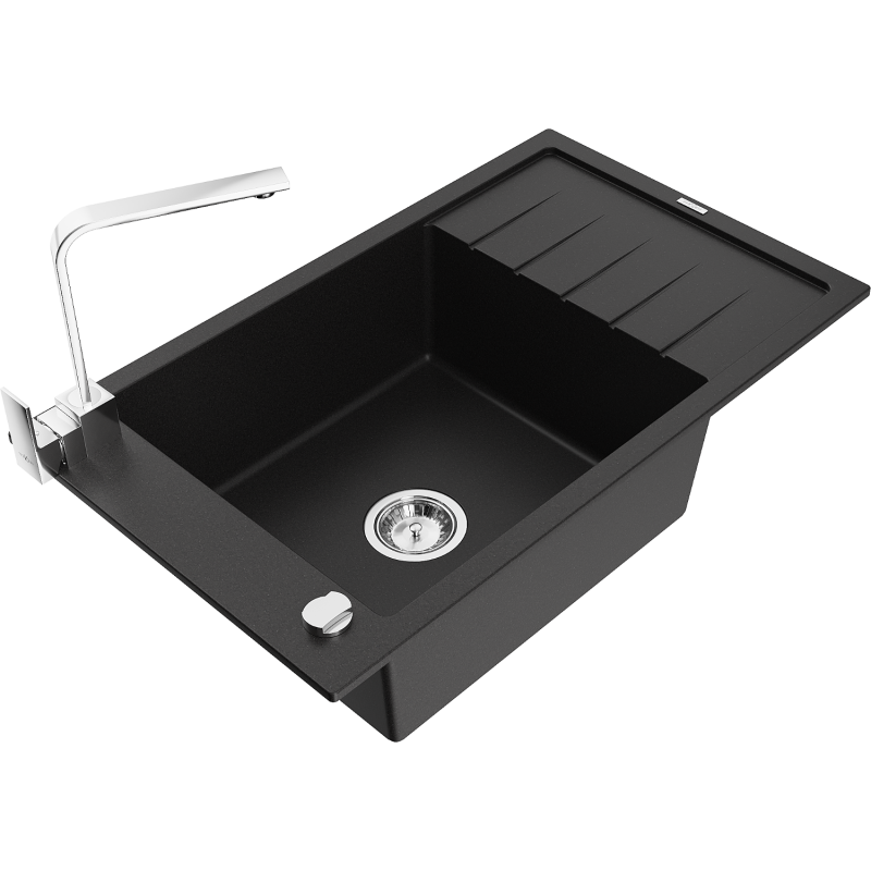 Mexen Elias granitový dřez 1-komorový s odkapávačem a kuchyňskou baterií Rita, černý - 6511-77-670300-00