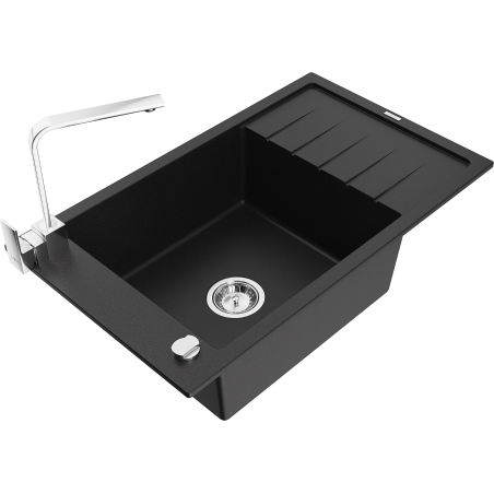 Mexen Elias granitový dřez 1-komorový s odkapávačem a kuchyňskou baterií Rita, černý - 6511-77-670300-00