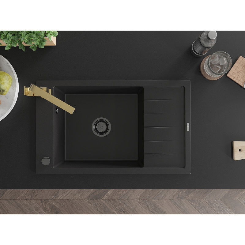 Mexen Elias granitový dřez 1-komorový s odkapávačem a kuchyňskou baterií Rita, černý - 6511-77-670300-50-B