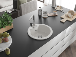 Mexen Diego granitový dřez, 1-komorový s kuchyňskou baterií Rita, bílý - 6512-20-670300-00