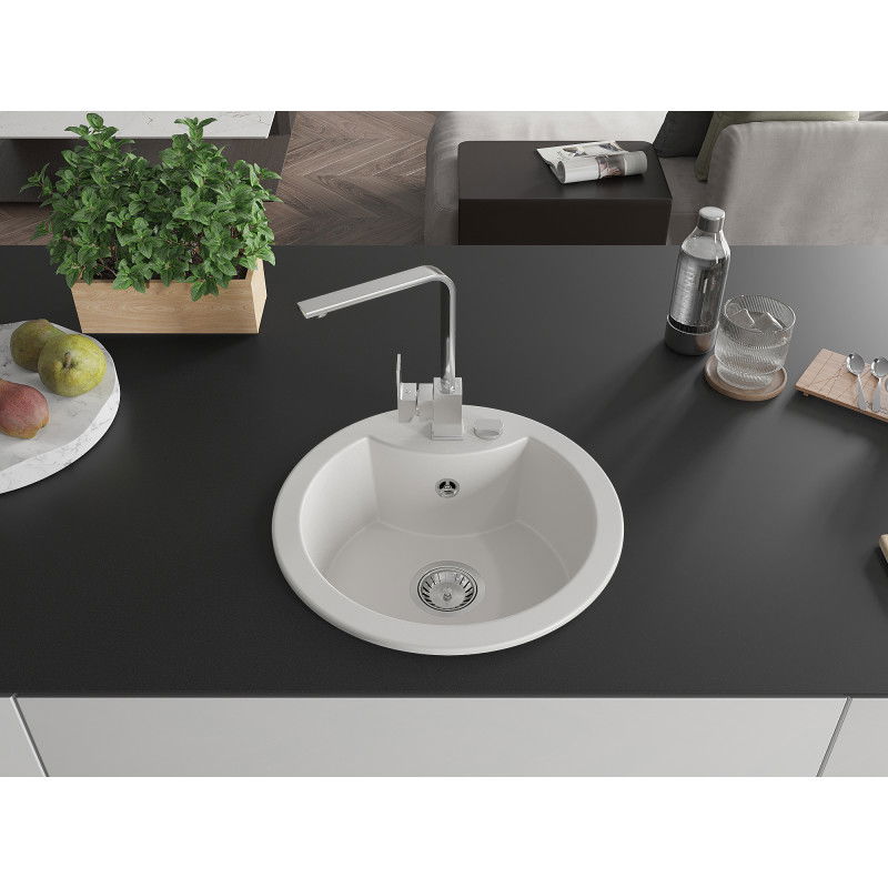 Mexen Diego granitový dřez, 1-komorový s kuchyňskou baterií Rita, bílý - 6512-20-670300-00