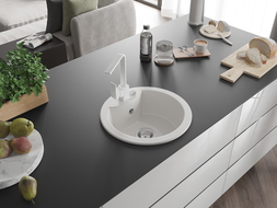 Mexen Diego granitový dřez 1-komorový s kuchyňskou baterií Rita, bílý - 6512-20-670300-20