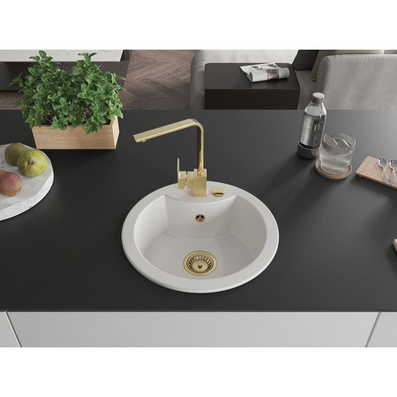 Mexen Diego granitový dřez 1-komorový s kuchyňskou baterií Rita, bílý - 6512-20-670300-50