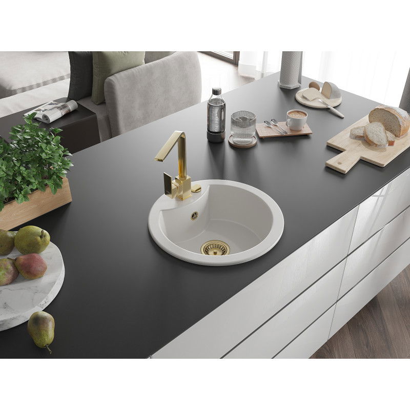 Mexen Diego granitový dřez 1-komorový s kuchyňskou baterií Rita, bílý - 6512-20-670300-50