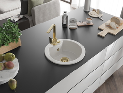 Mexen Diego granitový dřez 1-komorový s kuchyňskou baterií Rita, bílý - 6512-20-670300-50