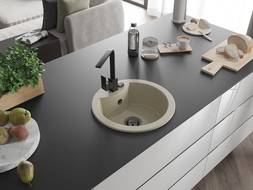 Mexen Diego granitový dřez 1-komorový s kuchyňskou baterií Rita, béžový - 6512-69-670300-70