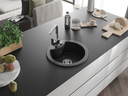 Mexen Diego granitový dřez s 1 komorou a kuchyňskou baterií Rita, černý/stříbrný metalik - 6512-73-670300-00