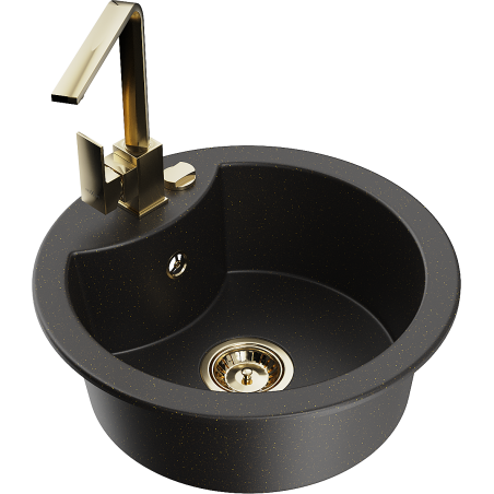 Mexen Diego granitový dřez 1-komorový s kuchyňskou baterií Rita, černý/zlatý metalik - 6512-75-670300-50