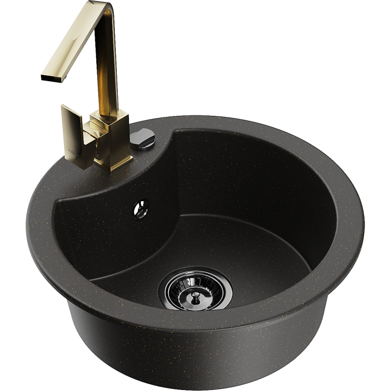 Mexen Diego granitový dřez 1-komorový s kuchyňskou baterií Rita, černý/zlatý metalický - 6512-75-670300-50-B