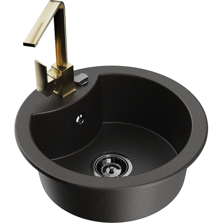 Mexen Diego granitový dřez 1-komorový s kuchyňskou baterií Rita, černý/zlatý metalický - 6512-75-670300-50-B