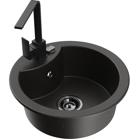 Mexen Diego granitový dřez 1-komorový s kuchyňskou baterií Rita, černý/zlatý metalický - 6512-75-670300-70-B