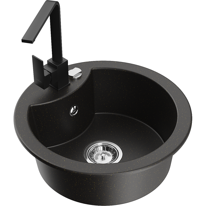 Mexen Diego granitový dřez 1-komorový s kuchyňskou baterií Rita, černý/zlatý metalik - 6512-75-670300-70