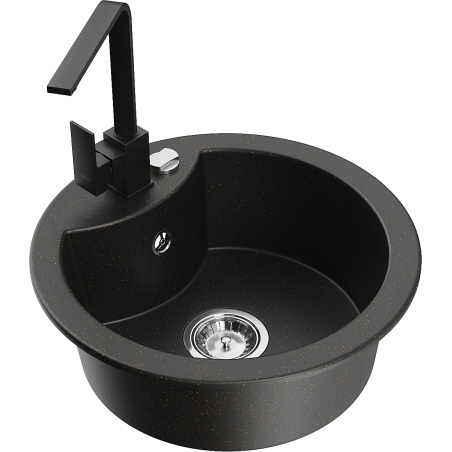 Mexen Diego granitový dřez 1-komorový s kuchyňskou baterií Rita, černý/zlatý metalik - 6512-75-670300-70