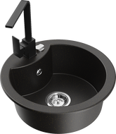 Mexen Diego granitový dřez 1-komorový s kuchyňskou baterií Rita, černý/zlatý metalik - 6512-75-670300-70