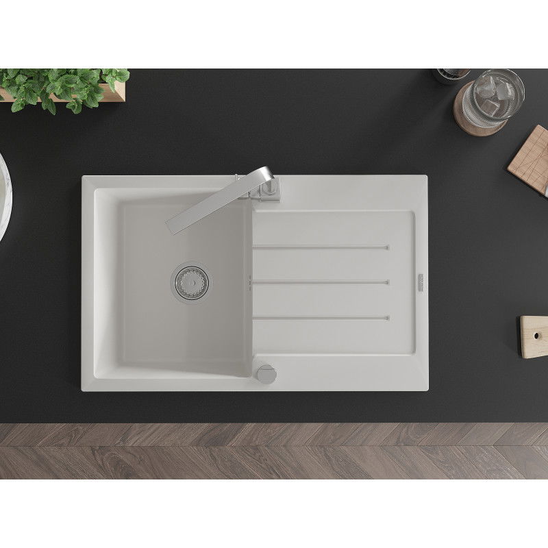 Mexen Bruno granitový dřez 1-komorový s odkapávačem a kuchyňskou baterií Rita, bílý - 6513-20-670300-00