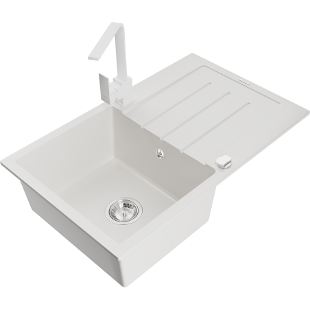 Mexen Bruno granitový dřez s jednou komorou, odkapávačem a kuchyňskou baterií Rita, bílý - 6513-20-670300-20