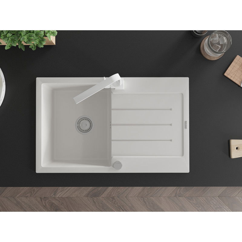 Mexen Bruno granitový dřez s jednou komorou, odkapávačem a kuchyňskou baterií Rita, bílý - 6513-20-670300-20