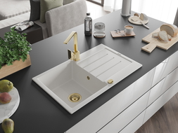 Mexen Bruno jednokomorový granitový dřez s odkapávačem a kuchyňskou baterií Rita, bílý - 6513-20-670300-50