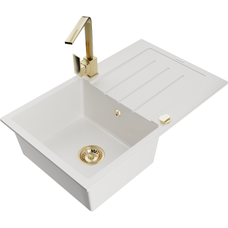 Mexen Bruno jednokomorový granitový dřez s odkapávačem a kuchyňskou baterií Rita, bílý - 6513-20-670300-50